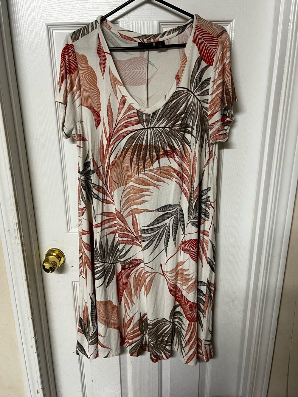 Tahari Cream Tropical Leaf V-Neck Swim Coverup with Rust and Brown Leaves